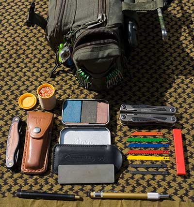 Grab bag. Right end pocket contents - ©  Gary Waidson - Ravenlore Bushcraft and Wilderness skills.