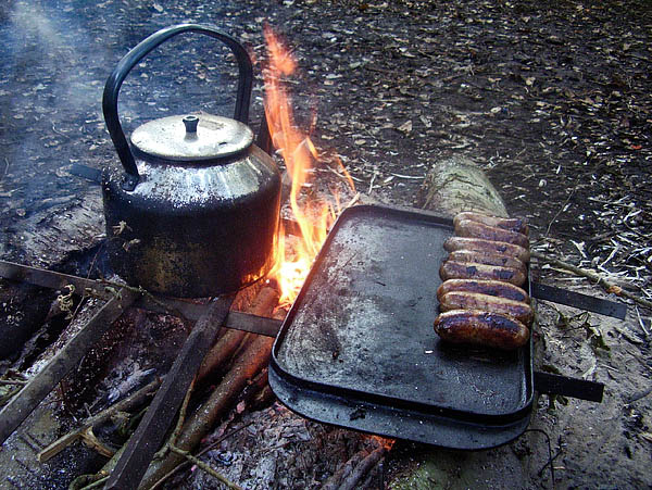 fire bars supporting a kettle and a griddle. - ©  Gary Waidson - Ravenlore Bushcraft and Wilderness skills.